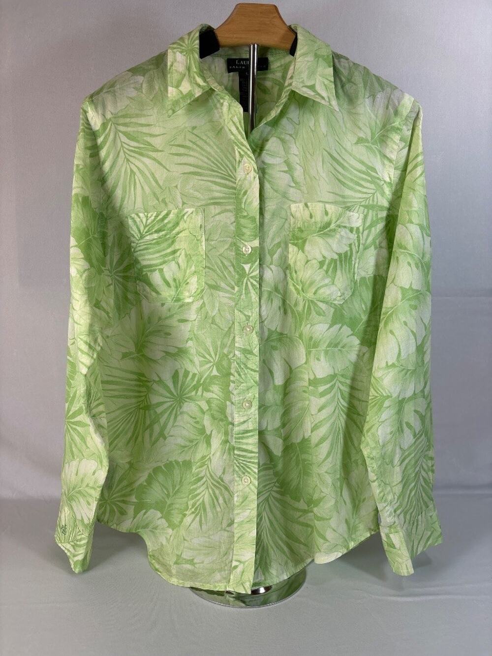 Vintage Y2K Lauren Ralph Lauren Tropical Leaf Print Roll-Tab Shirt, L